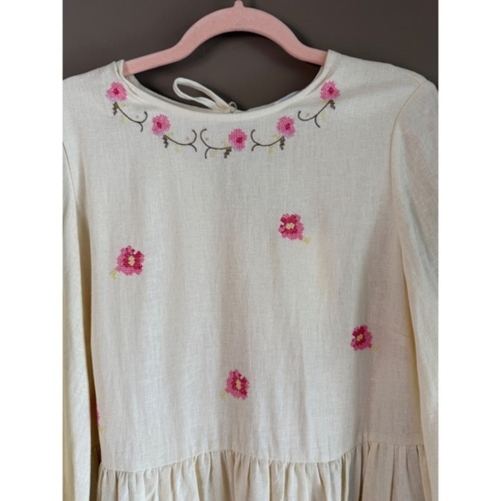 Caroline Constas Cream Floral Cross Stitch Embroidered Linen Mini Dress Medium - Picture 2 of 7